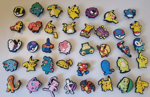 Selection of Pokémon-style shoe charms available in mystery sets