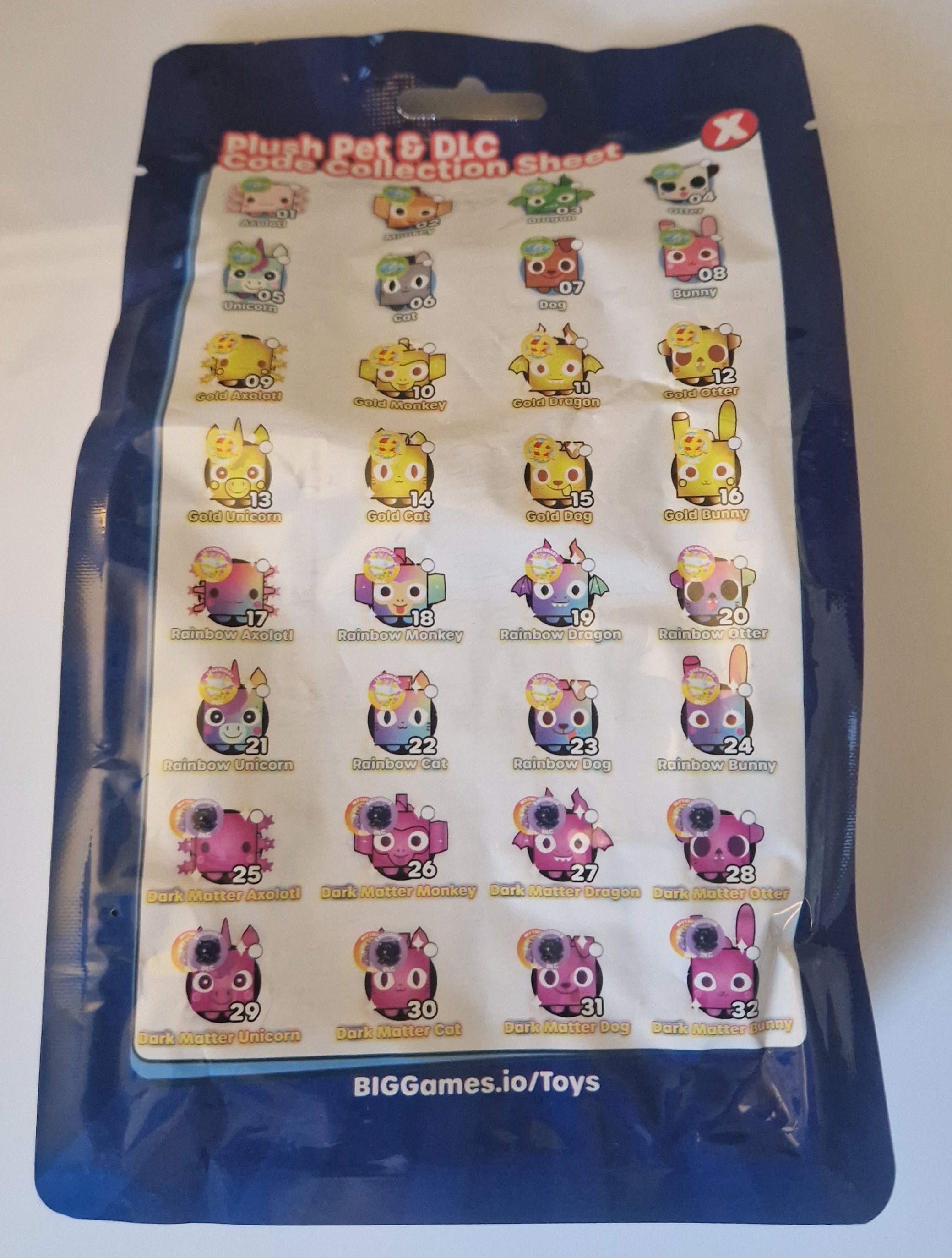 Rear checklist of sealed Pet Simulator CoolBeanz mystery collectible packet