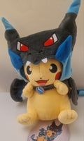Front view of Pokémon Pikachu Mega Charizard X costume plush