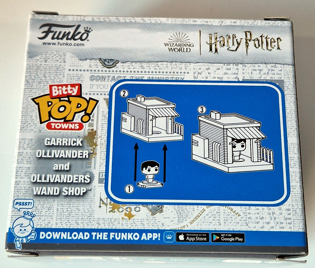 Back of Funko Bitty Pop Towns Garrick Ollivander and Ollivanders Wand Shop set