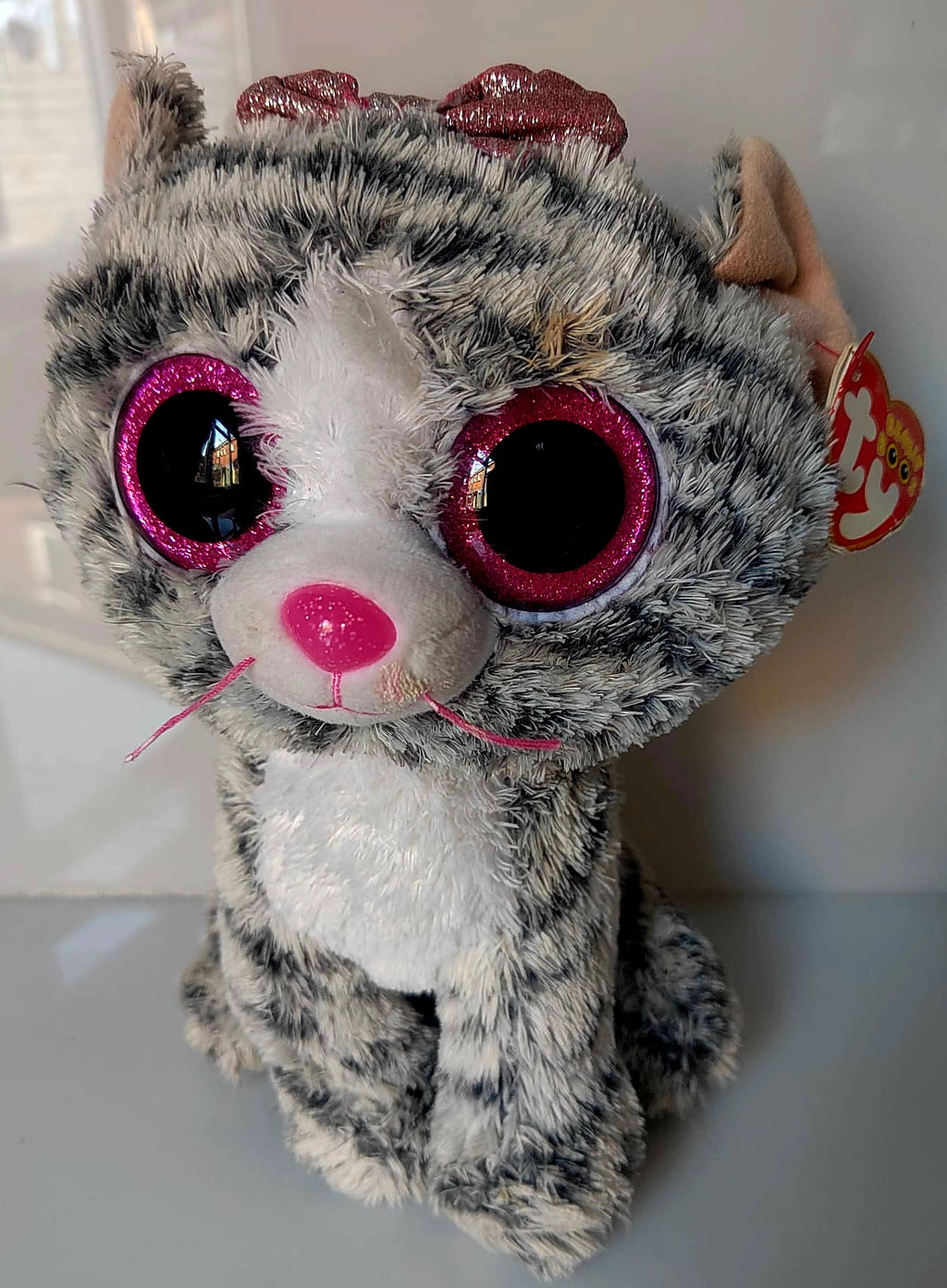 TY Beanie Boo Kiki Grey Cat with Pink Bow Plush Soft Toy Preloved